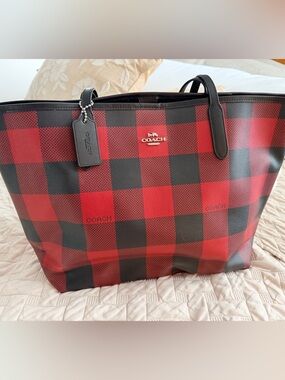 Coach Red and Black Buffalo Plaid Leather-Trim Tote